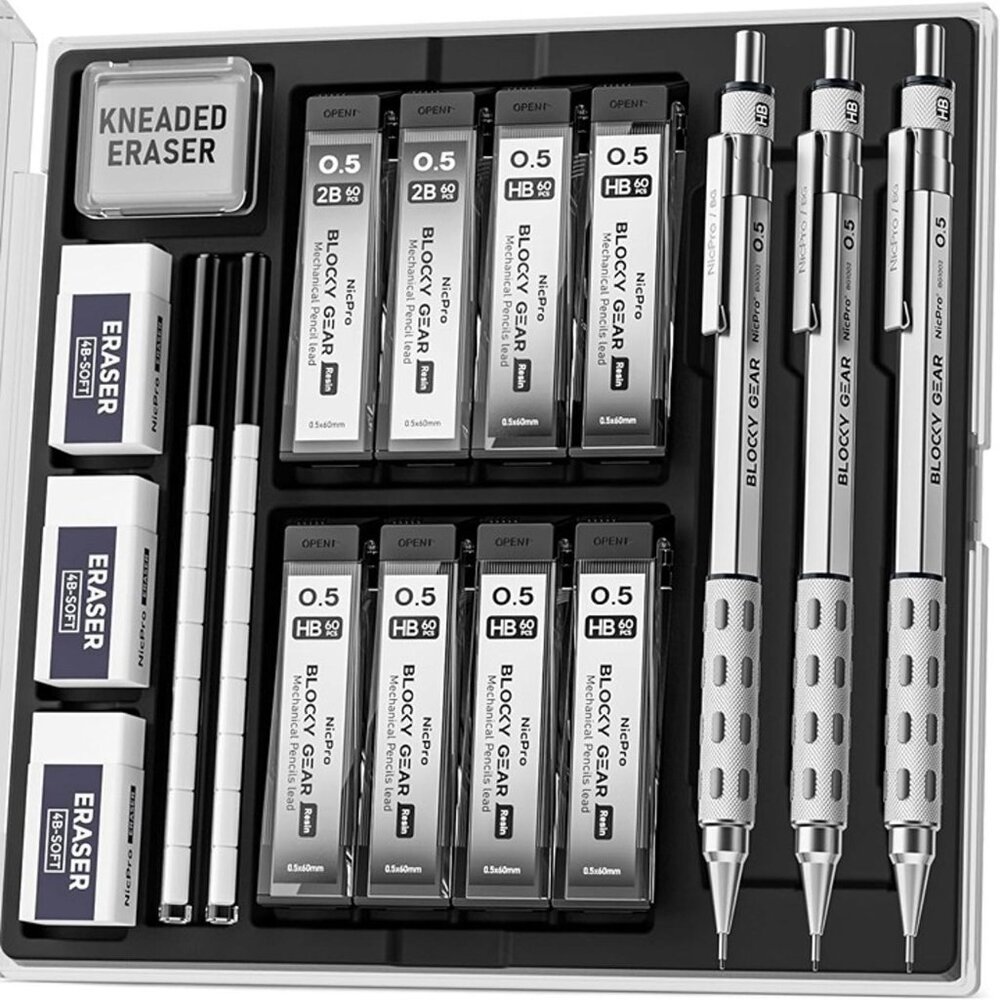 NEW 3 Pack Blocky Gear 0.5 mm Metal Mechanical Pencils Set Case, Lead Drafting